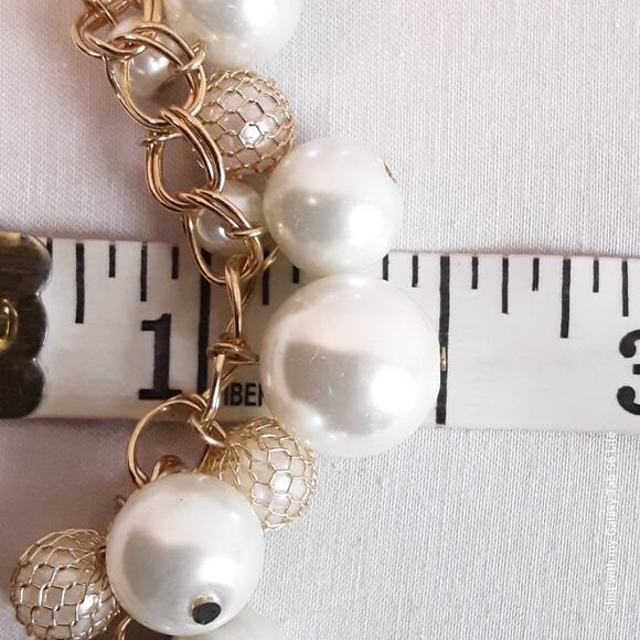 Statement Choker Necklace Gold Tone Double Chain Links Multi Size Pearly Beads - Picture 12 of 12